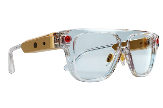 Smart glasses with transparent frames and advanced technology for augmented reality applications shown on transparent background