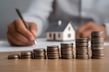 Progressive Coin Stacks Hand Writing and Miniature House Model Symbolizing Home Savings  Financial Planning.