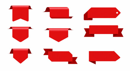Minimalist Red Ribbon Discount Tags Flat Design Banners with Folded Edges Vector Icons Isolated on White Background