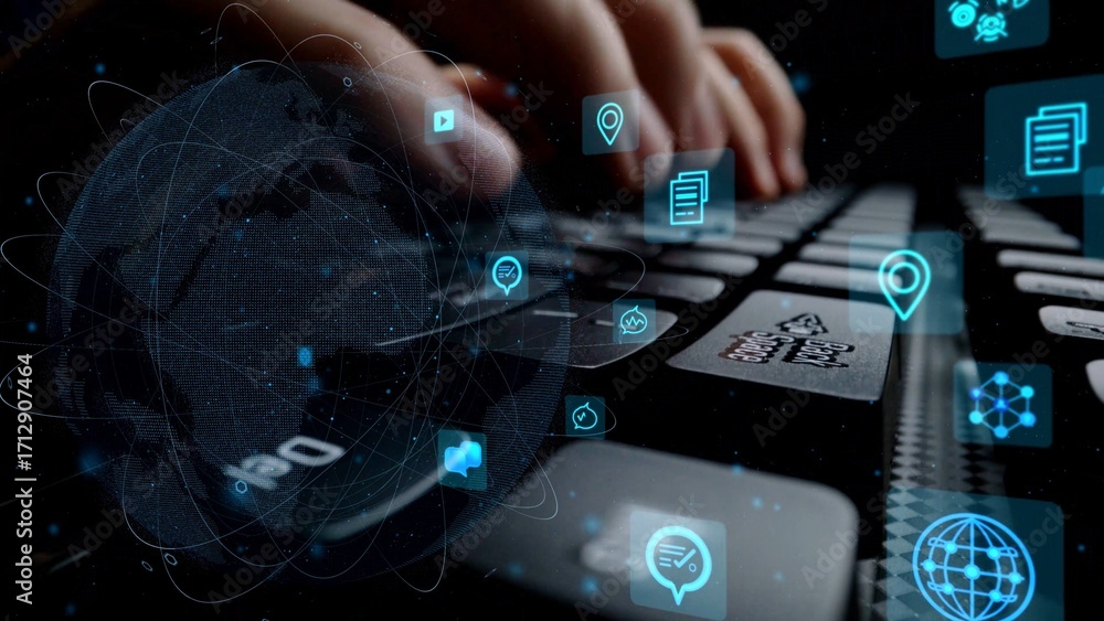 Poster a close-up view of hands typing on a keyboard, with a virtual overlay of technology icons and a glob