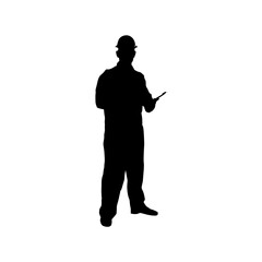 A bold, black silhouette of a construction worker, confidently standing, holding blueprints or plans.