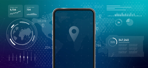 high tech digital dashboard with a world map large blank smartphone screen location pin represents mobile technology digital application location based services on global scale