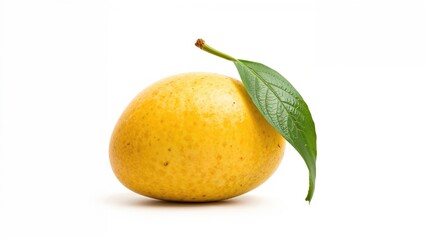 Fresh mango with green foliage on clean white backdrop featuring clipping area