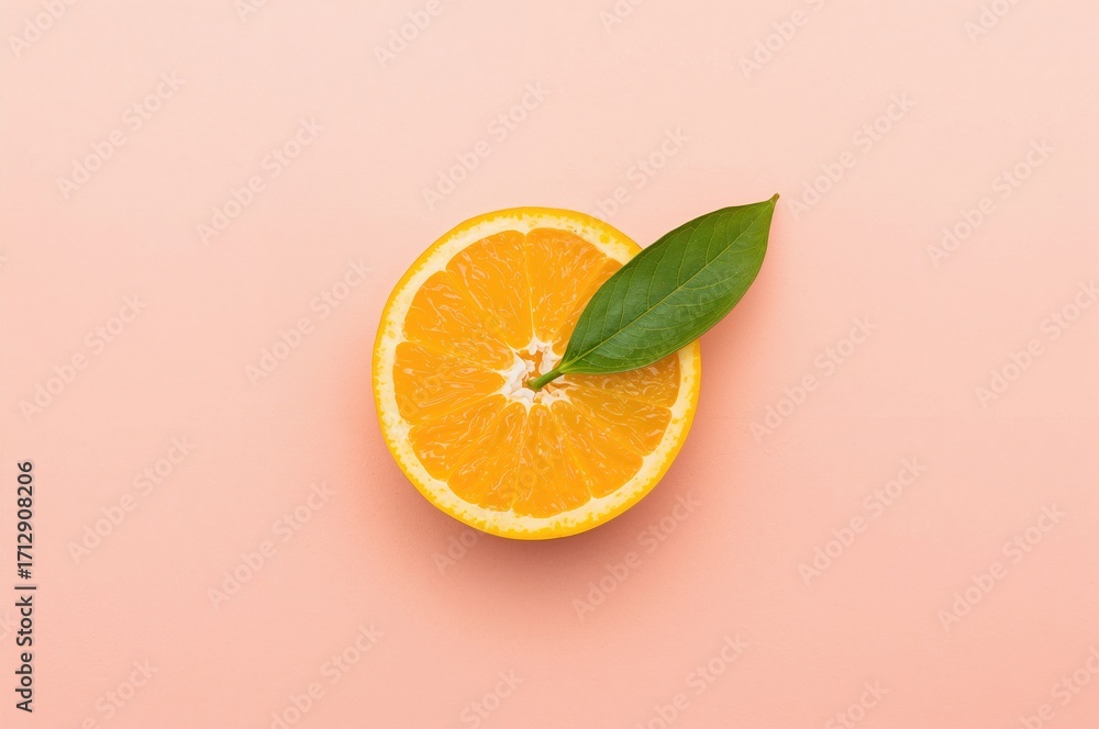 Poster overhead view of a citrus segment with a green leaf on a soft-colored backdrop