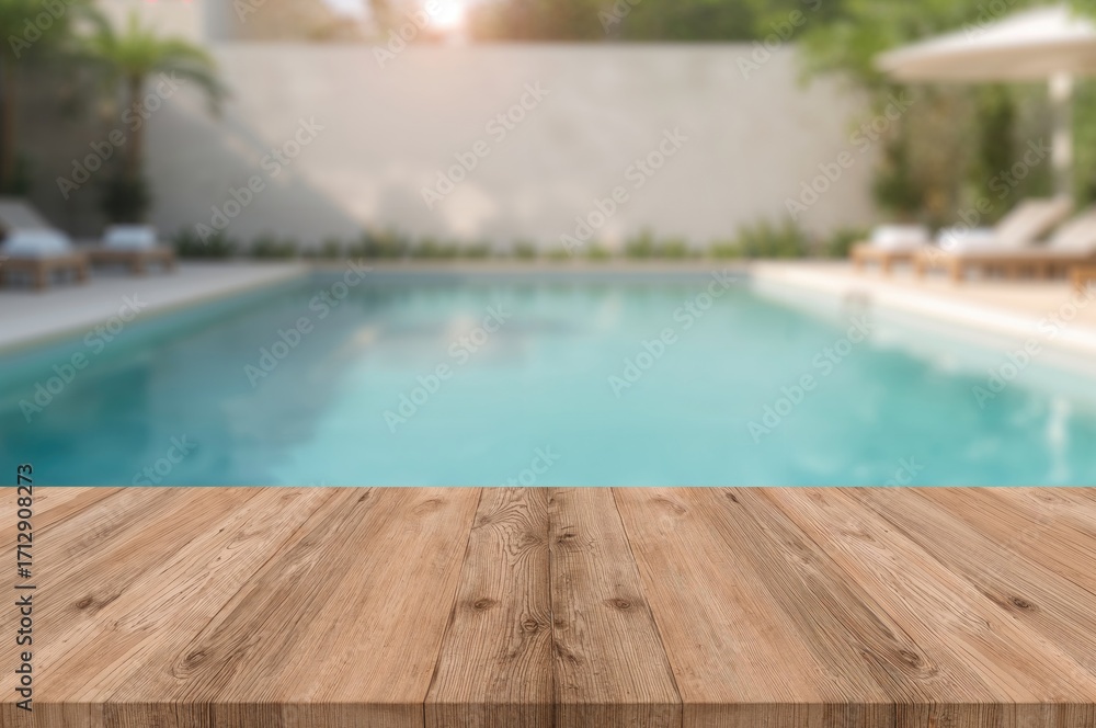 Poster blurred empty pool backdrop with wooden surface for product showcase and advertising mockups