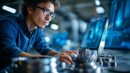 Young Asian Male Aerospace Manufacturing Engineer Using Advanced Workstation Array To Control Jet Engine Component Production With CNC Machining Centers. Specialist Programming Pre