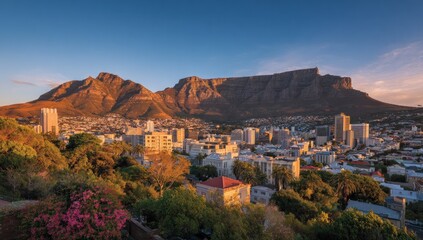Table Mountain and Cape Town Cityscape at Sunset