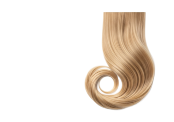 Luxurious blonde hair with sun-kissed highlights, voluminous bouncy waves, healthy, smooth, vibrant on a transparent studio background with copy space, extreme close-up, concept for beauty product