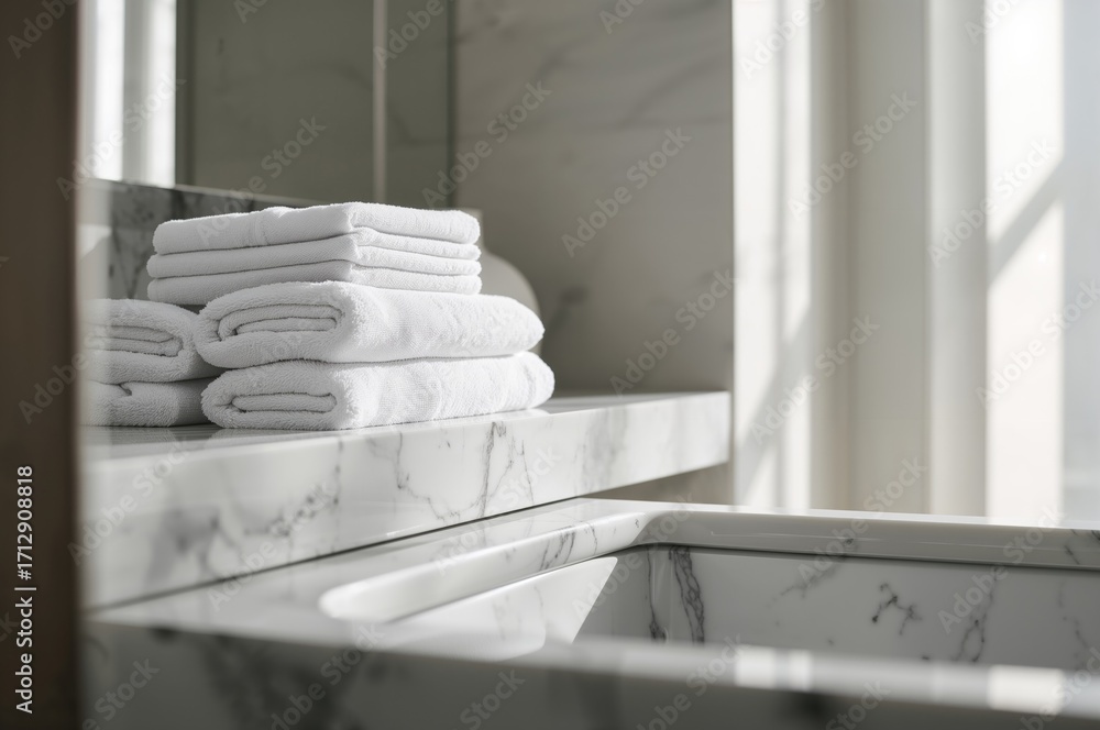 Poster stack of pristine white towels neatly folded on a marble surface