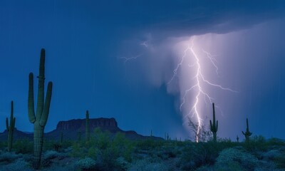 Desert lightning storm, dramatic sky,  cacti