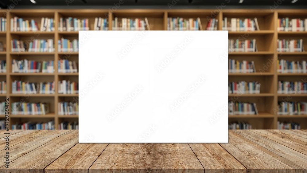 Poster abstract shot on a plain wooden surface with a modern bookshelf or information source in the backgro