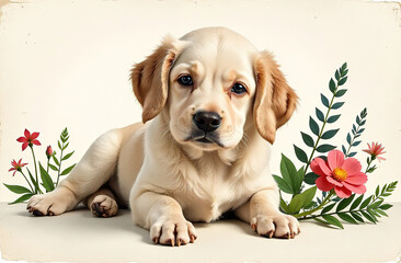 Labrador puppy. Colored drawing on a light background. Nearby is a plant in the form of a flower and a stem with leaves. Vintage, clip art, on papyrus paper.