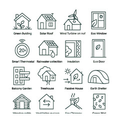 Fototapeta premium Icons representing eco-friendly home features like solar roof and wind turbine