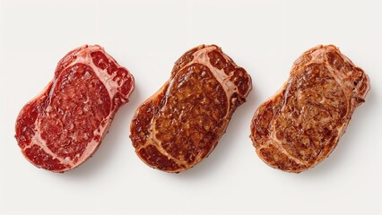 Obraz premium From raw to perfectly cooked: Three 1.8kg T-bone steaks bursting with flavor and tenderness.