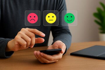 Professional user feedback smartphone interaction with rating icons technology emotions workspace tablet plant photo realistic clean commercial design