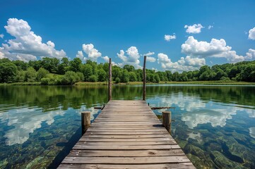 Obraz premium Old pier on a peaceful sunny day with tree reflections in the water, wood and nature scenery