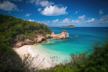 Fototapeta premium Secluded cove with clear waters, green rocks, and sandy beach