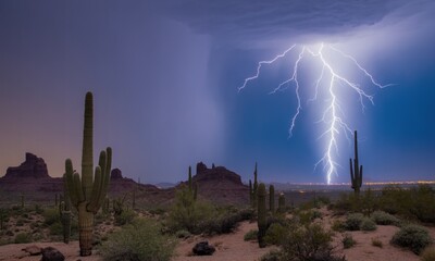 Dramatic desert lightning storm.  Vast landscape of desert, cacti, and mesas under a stormy sky with a powerful bolt of lightning