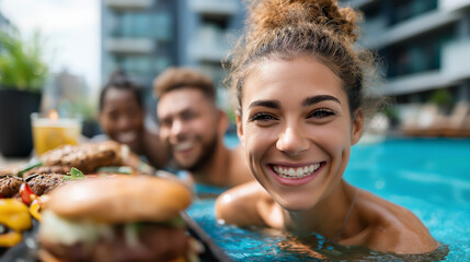 Young Asian American College Students Having Weekend Pool Party With Craft Beer and Summer Cocktails at Modern Apartment Complex. Diverse Group of Friends Swimming and Socializing
