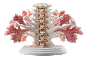 Detailed anatomical model showcases the human spine and associated muscles for medical education on transparent background