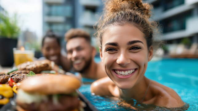 Young Asian American College Students Having Weekend Pool Party With Craft Beer and Summer Cocktails at Modern Apartment Complex. Diverse Group of Friends Swimming and Socializing - Powered by Adobe