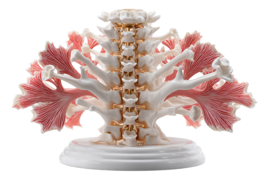 Detailed anatomical model showcases the human spine and associated muscles for medical education on transparent background