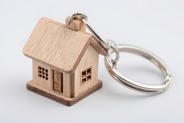 Intricate Wooden House Keychain with Polished Metal Ring Symbolizing Real Estate and Home Ownership.
