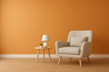 Cozy and modern living space featuring a comfortable armchair against a warm orange accent wall, perfect for relaxation