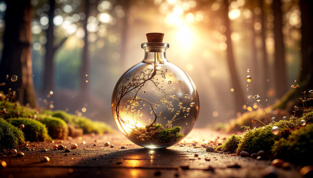 Serum Vial Inside Levitating Lexicon Orb with Liquid Morphing into Semantic Word Roots for Lexical Renewal Skincare Visuals