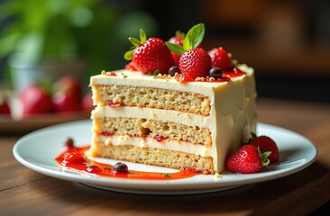 Strawberry sponge cake with strawberries on wooden background. Summer dessert. Copy space