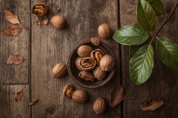 Wooden bowl filled with walnuts on a rustic wooden surface
