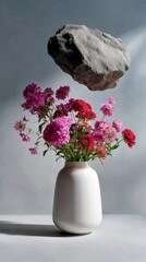 Surreal still life with bright flowers in a white vase and floating rock above &mdash; artistic fantasy concept perfect for posters, design projects, creativity campaigns