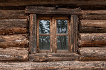 Aged wooden window set in sturdy log walls, showcasing classic cabin building with genuine handmade woodwork