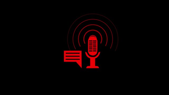 red glowing microphone animation with speech bubble and sound waves, symbolizing podcast, broadcasting, live streaming, and audio communication. Perfect for media content, radio shows, music channels,