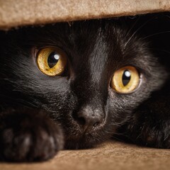 Black cat hiding under blanket with glowing golden eyes &ndash; cozy pet portrait for mystery, comfort, and feline-themed designs