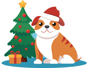Cute dog wearing santa hat next to decorated christmas tree and gift