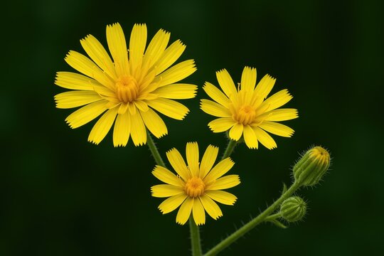 Vivid yellow blossoms of Beaked Hawk's beard (Crepis versicaria) on a rich green background.