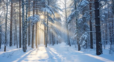 Snowy Winter Forest Pathway.