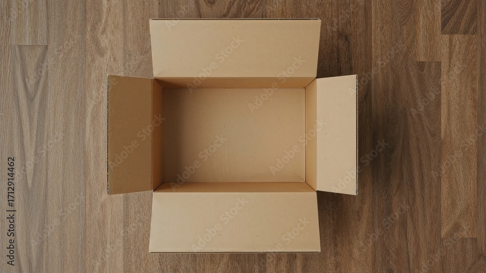 Poster overhead image showing an unpacked empty packaging box on a wooden floor with blank area