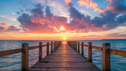 Fototapeta premium Sunrise over a wooden pier stretching into the sea with colorful hues