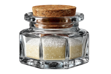 Glass jar with cork lid containing white crystals and yellow liquid against a studio shot on transparent background