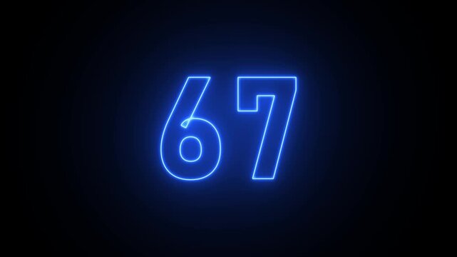 Illuminated neon number 67 in pink on a black background sixty seven numeral