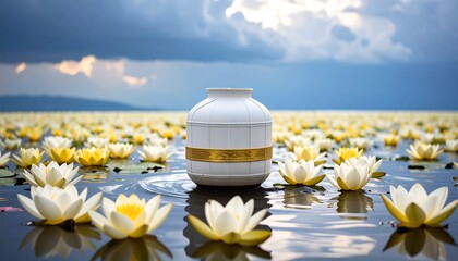 Vase on Water Surrounded by White and Yellow Water Lilies with Cloudy Sky
