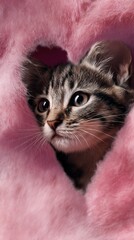 Curious kitten peeking from soft pink fabric creating a cozy playful mood for pet marketing children content and lifestyle design