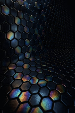 Curved abstract background with dark hexagonal tiles and subtle iridescent reflections. The 3D surface creates a dynamic tunnel-like effect with modern, tech-inspired lighting and texture.