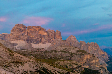 Dolomites mountains, Alpi Dolomiti beautiful scenic landscape in summer. Italian Alps mountain summits and rocky tower peaks above green valley alpine scene near Cortina'd'Amprezzo