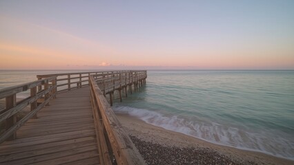 Obraz premium Timber walkway at dusk with water and sky views, beach setting, summer vibes, nature scene, wooden structure landscape illuminated by soft light