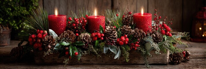 Christmas holiday still life with red burning candles, pine cones, winter berries and evergreen fir tree branches on wooden table. Wide panoramic greeting card image