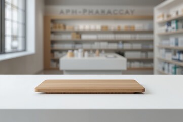 Obraz premium Wooden plank on a bare surface with a soft-focus backdrop for showcasing pharmaceutical items.