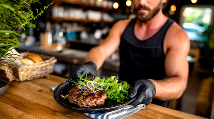 A male chef in black gloves serving a freshly prepared beef patty with green salad on a plate.